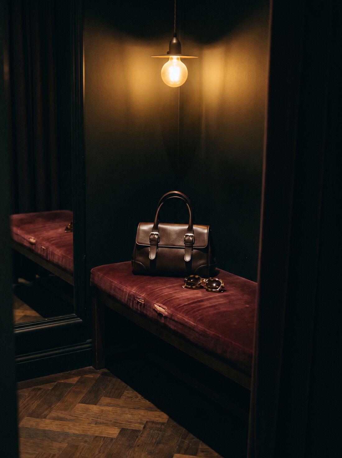 A structured leather handbag and dark sunglasses on a velvet bench