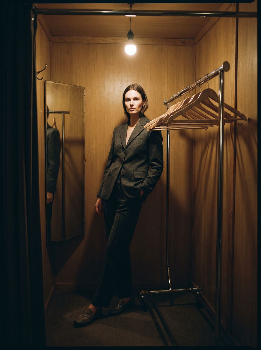 A woman in a tailored charcoal suit in a dim fitting room