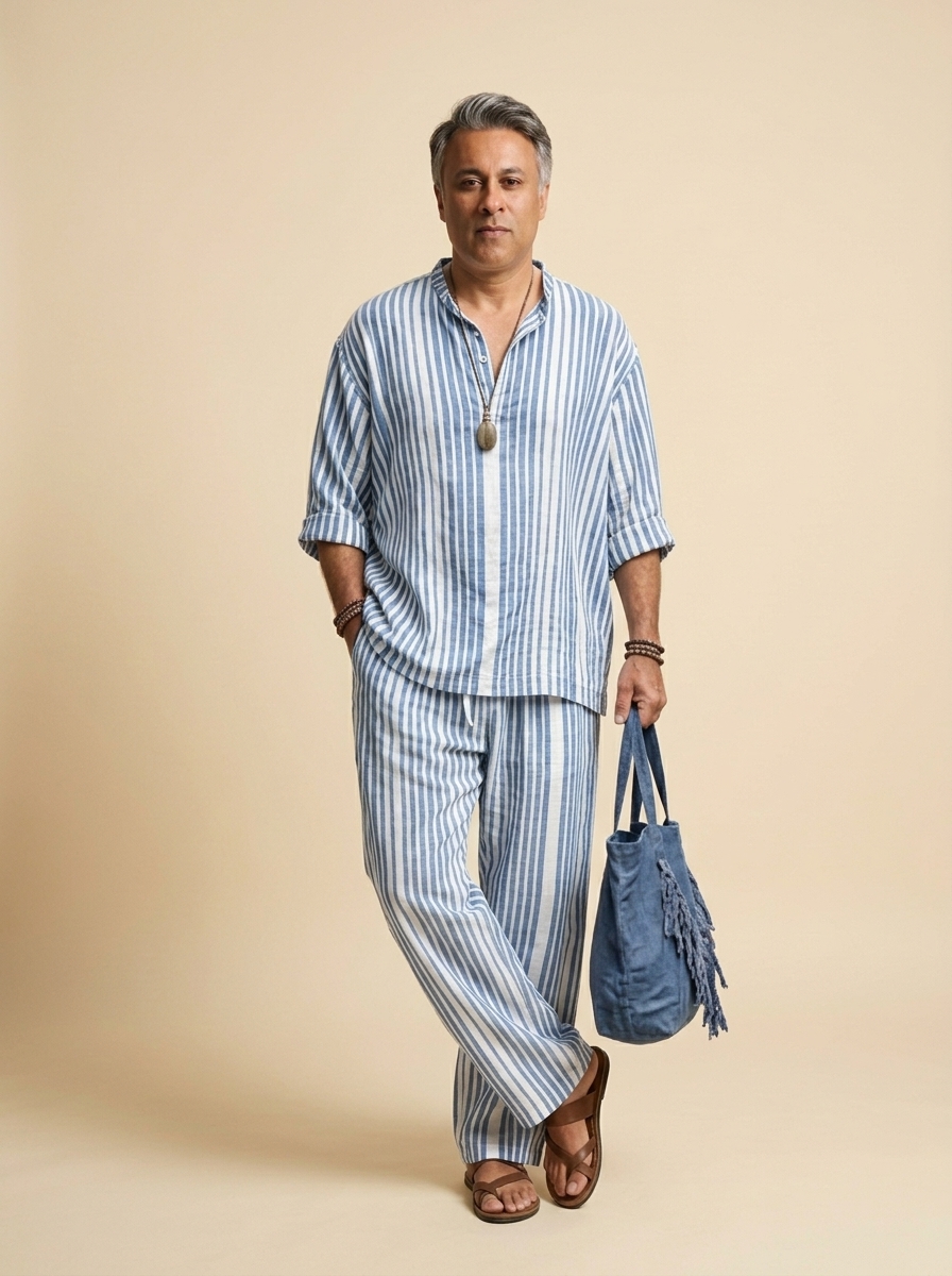 Blue striped linen set