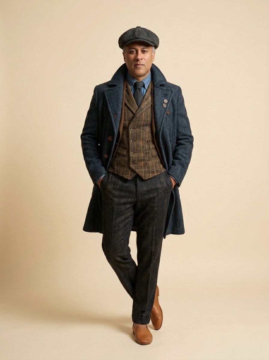 Blue wool tweed overcoat