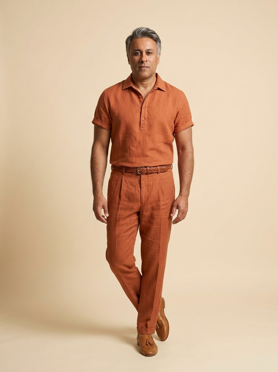 Rust linen short sleeve shirt and trousers set