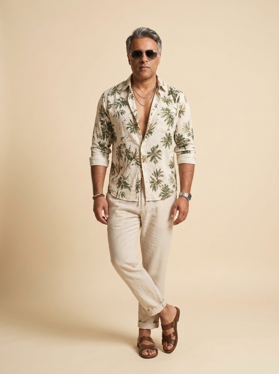 Beige linen drawstring trousers